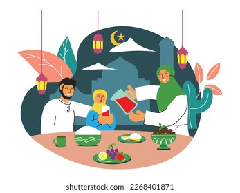Vector iftar flat illustration with food on the table. people pray for iftar