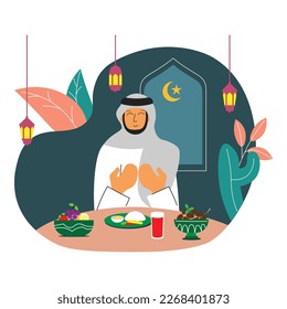 Iftar vectorial de ilustración plana con comida sobre la mesa. la gente reza por iftar