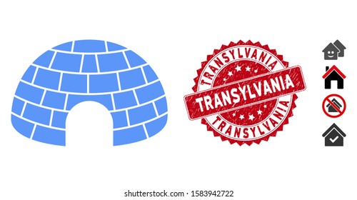 Vector igloo icon and grunge round stamp seal with Transylvania text. Flat igloo icon is isolated on a white background. Transylvania stamp seal uses red color and grunge texture.