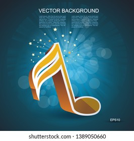 Vector iIllustration of 3D music note in golden glass on dark blue background.