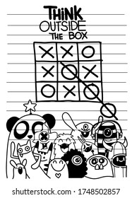 Vector IIllustration  Doodle of Think Outside the Box Concept with cute monster  , Imagination, Smart Solution, Creativity and Brainstorm