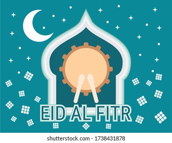 Ilustración vectorial del concepto de Eid Al Fitr con tambor de mezquita en estilo plano. adecuado para recursos de tarjetas de felicitación.