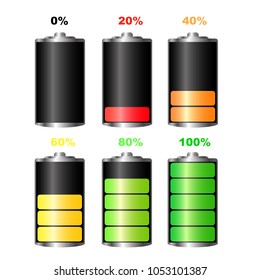 Vector iIllustration. Isolated. Discharged,  fully charged and percentage charged battery for smartphone. 