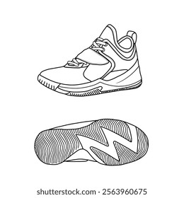 Vector iIllustration men's basketball shoe, high-top sneaker hand drawn line art sketch, doodle vector sketch illustration, isometric, front, side, and bottom view. Isolated on a white background