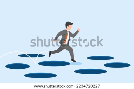 vector iilustration of a business man jumps between holes confidently to reach the goal. experience makes businessman more confident in facing all kinds of traps, mistakes, obstacles and situations