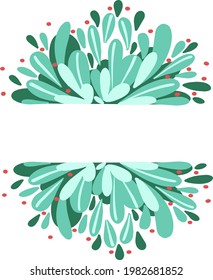 Ilustración vectorial - marco de patrones horizontales simétricos en forma de hojas azules y turquesas y puntos rojos aislados. Para decoración fotográfica, elementos de fondo, presentaciones, publicidad.