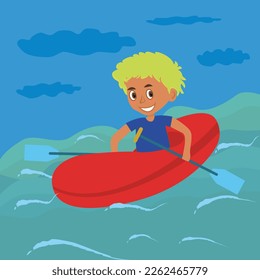 vector iilustration with happy boy on the rafting