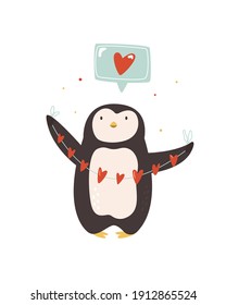 Vector iilustration of lovely penguin with garland of hearts. Funny animal character design. Bright image for Valentines Day