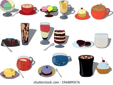 Vector iilustration set of pairs sweet desserts and drinks