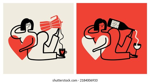 Ilustración vectorial con mujer, vino y café. Diseño moderno y moderno de la impresión de prendas de vestir, paredes de casa y café y afiche de decoración de menús