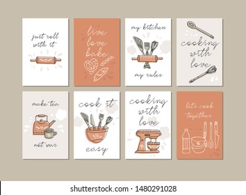 Vector iilustrations kitchen food and cooking quotes set. Inspirational typography for home decor, cafe, restaurant