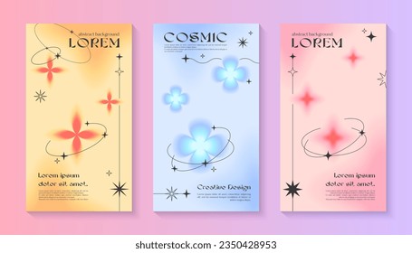 Vector iinsta story gradient templates with linear shapes,blurred sparkles,copy space for text in 90s style.Smm banners in y2k aesthetic.Trendy designs for social media marketing,branding,packaging