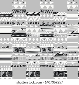 vector, ikat effect;  abstract gray, white  patch  stripes, sybols ​, lines mixed pattern / ethnic style for design, vector art  for carpet,  scarf,  rug, flooring , shawl , kimono 