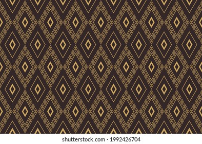 Vector ikat ethnic rhombus geometric shape seamless pattern luxury dark brown gold color background. Use for fabric, textile, interior decoration elements, wrapping.