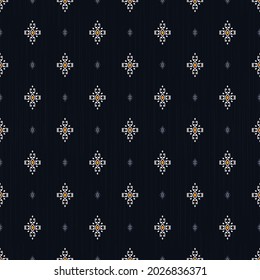 Vector ikat ethnic small shape grid seamless pattern on navy blue color texture background. Batik, sarong pattern. Use for fabric, textile, interior decoration elements, upholstery, wrapping.