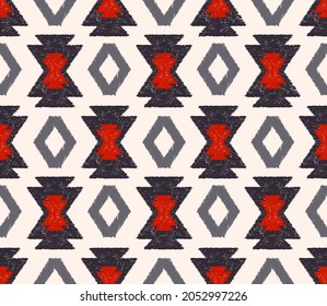 Vector ikat native aztec tribal rhombus geometric shape seamless background. Ethnic red-blue grey color pattern design. Use for fabric, textile, interior decoration elements, upholstery, wrapping.