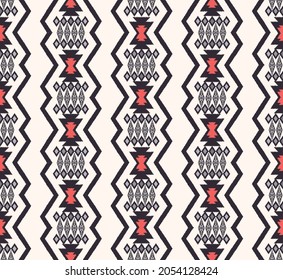 Vector ikat native aztec tribal zig zag geometric shape seamless background. Ethnic red-blue grey color pattern design. Use for fabric, textile, interior decoration elements, upholstery, wrapping.