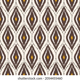 Vector ikat ogee round diamond rhombus shape seamless background. Ethnic tribal brown-yellow color pattern design. Use for fabric, textile, interior decoration elements, upholstery, wrapping.