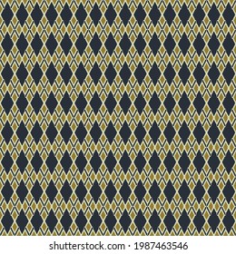 Vector ikat color azul oscuro tradicional y dorado forma pequeña de diamante geométrico simple rejilla de fondo de patrón sin fisuras. Para tejidos, textiles, elementos de decoración interior, envoltura.