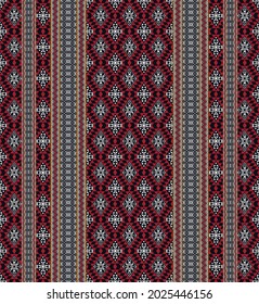 Vector ikat vertical rhombus square with zig zag border seamless pattern. Ethnic tribal scarlet red color background. Use for fabric, textile, interior decoration elements, upholstery, wrapping.