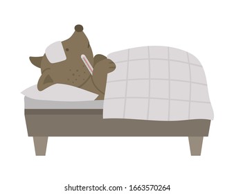 Vector ill animal in bed. Cute dog with thermometer having fever. Funny hospital patient character. Medical illustration for children