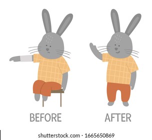 Vector ill animal versus healthy. Cute hare with bandage on its arm. Funny patient characters. Medical illustration for children. Before and after illness picture. Recovery concept