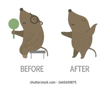 Vector ill animal versus healthy. Cute mole with eye glasses. Funny patient characters. Medical illustration for children. Before and after illness picture. Recovery concept