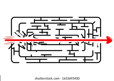 Vector, Illegal way to solve the problem, Black Rectangle Rounded Corner Maze, Red Line from in to out with arrow
