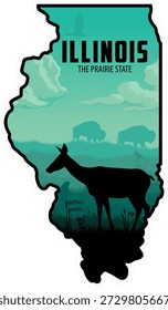 Diseño de pegatina de Vector Illinois con ciervo de cola blanca, bisontes, papamoscas de cola de tijera, perro de la pradera y águila en pradera de pastizales	