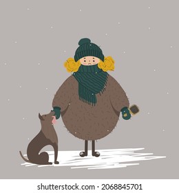 A vector illistration of a blond-haired girl and a dog standing outside in winter. She is wearing a down jacket, knitted hat, scarf and mittens. The girl is holding a comb for dogs.