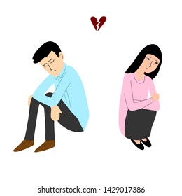 Vector illistration of depressed couple, man and woman sittign on the floor. Divorce, broken heart