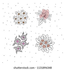 Vector illistration with four flowers. Vector set of flowers. Vector flowers on light
 background