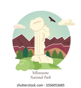 Vector illistration of geyser in Yellowstone National Park. Natural landmark of USA