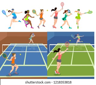 Vector illistration of sportive girls playong tennis on court, tennis competition tournament indoor sportive girls playing with rockettes tennis girls sport illystration scene of tennis