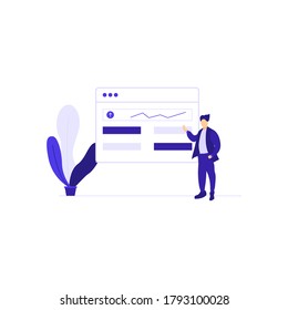 Vector illlustraion of businessman stand  up to present about chart or growth market in website or landing page with blue color and flat design style