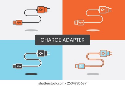 Ilustración del Vector del icono del adaptador del cargador con cuatro estilos. Adecuado para cualquier proyecto, infografía, ícono de Web, etc.