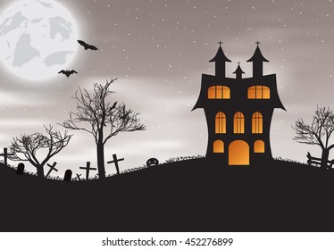 Vector illlustration of Halloween night background with castle, bats  and pumpkins