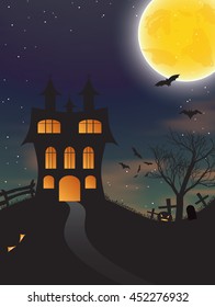 Vector illlustration of Halloween night background with castle, bats  and pumpkins
