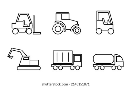 Vector illlustration with loader, tractor, truck, excavator. Linear icon. 
