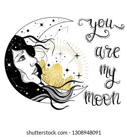 Vector illlustration of moon - astronomy and astrology symbol. Astrology and alchemy vibes. You are my moon lettering phrase. Happy Valentines Day typography poster with handwritten calligraphy text.