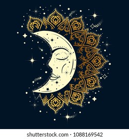 Vector illlustration of a moon with night sky at vintage gypsy style.