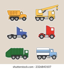 Vector illlustration set of various colorful cartoon, 2D outlined trucks