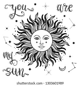 Vector illlustration of sun - astronomy and astrology symbol. Vintage, boho or gypsy style. Astrology and alchemy vibes.