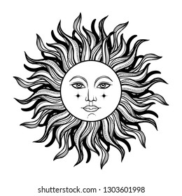 Vector illlustration of sun - astronomy and astrology symbol. Vintage, boho or gypsy style. Astrology and alchemy vibes.