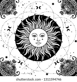 Vector illlustration of sun - astronomy and astrology symbol. Vintage, boho or gypsy style. Astrology and alchemy vibes.