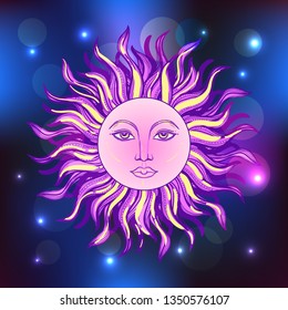 Vector illlustration of sun - astronomy and astrology symbol. Vintage, boho or gypsy style. Astrology and alchemy vibes.