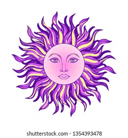 Vector illlustration of sun - astronomy and astrology symbol. Vintage, boho or gypsy style. Astrology and alchemy vibes.