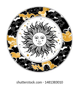 Vector illlustration of sun with clouds frame.astronomy and astrology symbol. Vintage, boho or gypsy style. Astrology and alchemy vibes.