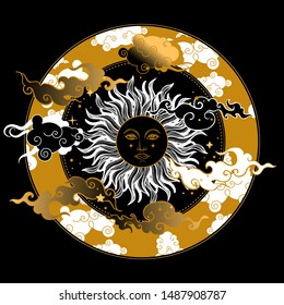 Vector illlustration of sun with clouds frame.astronomy and astrology symbol. Vintage, boho or gypsy style. Astrology and alchemy vibes.