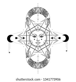 Vector illlustration of sun and moon - astronomy and astrology symbol with sacred geometry. Vintage, boho or gypsy style. Astrology and alchemy vibes.